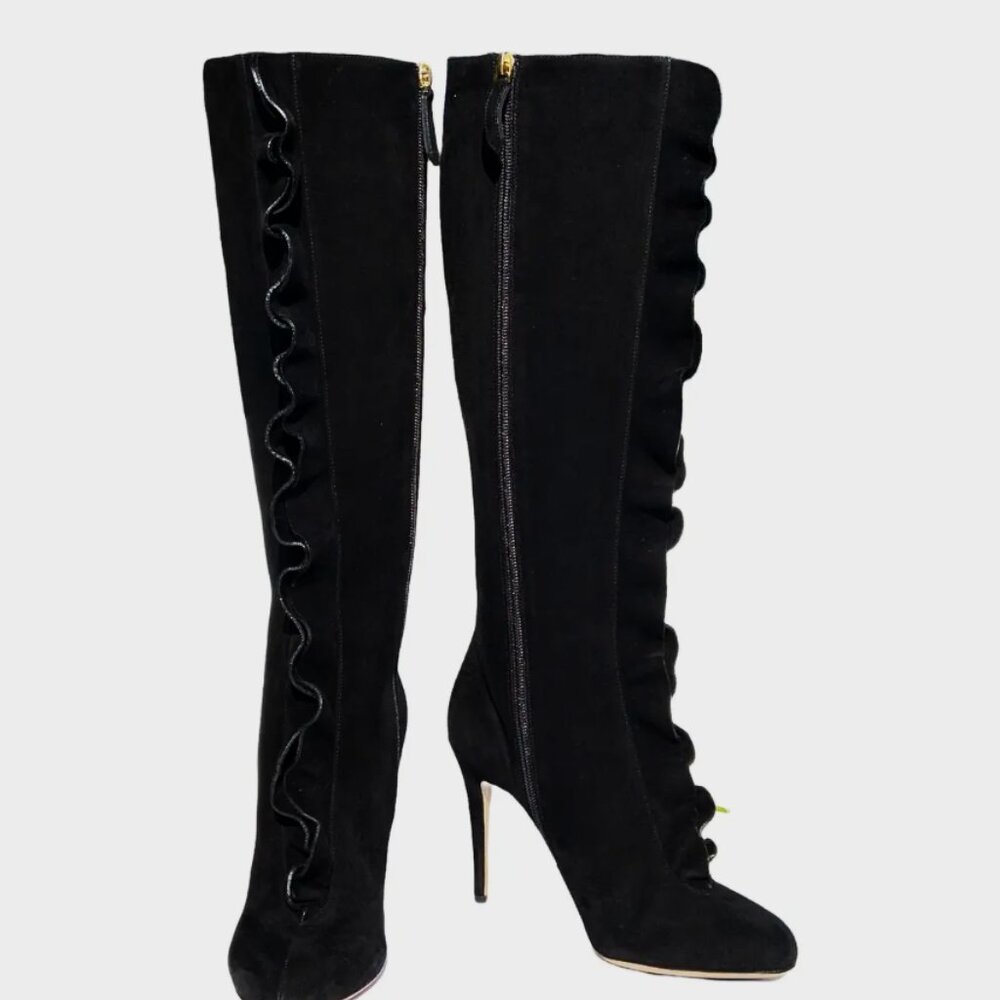 NEW VALENTINO GARAVANI BLACK SUEDE RUFFLE EMBELLISH KNEE BOOTS ITALIAN 36.5